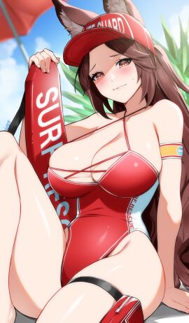 1girls 2d 2d_(artwork) animal_ears big_breasts blush breasts brown_eyes brown_hair cleavage female female_focus female_only floating_object fox fox_ears fox_girl fox_humanoid hips huge_breasts kitsune large_breasts lifeguard long_hair looking_at_viewer nervous nervous_smile nervous_sweat one-piece_swimsuit outdoors saeko_kitsune sweat swimsuit thigh_strap thighs tochi_keisuke virtual_youtuber vtuber