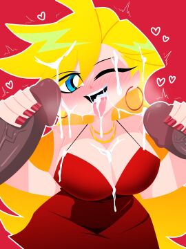 1girls 2boys bangs big_breasts black_penis blonde-haired_female blonde_female blonde_hair blowjob blue-eyed_female blue_eyes blush blush_lines breasts cleavage clothed clothed_female clothing cum cum_in_mouth cum_on_body cum_on_breasts cum_on_face cum_on_hair cumshot dark-skinned_male dark_skin double_handjob dress erection eyelashes eyeliner female gold_necklace handjob heart hoop_earrings light-skinned_female light_skin long_hair male male/female motion_lines necklace necklaces one_eye_closed one_eye_open open_mouth open_smile pale-skinned_female pale_skin panty_&_stocking_with_garterbelt panty_anarchy penis red_background red_dress red_earring red_earrings red_nail_polish red_nails smile studio_trigger tongue tongue_out tremble_lines tremble_spikes trembling trembling_lines uncensored unseen_male_face vein veiny veiny_penis wink xan-gelx_(xan) xan13 xan42705228