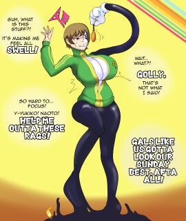 1girls atlus bangs breast_expansion breast_growth breast_growth_(enlargement) breasts brown_eyes brown_hair chie_satonaka cleavage dialogue faetomi female female_only femsub gameplay_mechanics glasses gloves huge_breasts hypnosis latex light_skin megami_tensei persona persona_(series) persona_4 pocket_watch resisting sega self_hypnosis short_hair simple_background slime solo spiral_eyes standing sweater symbol_in_eyes text toonification transformation white_skin zipper