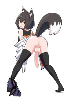 1futa 2024 animal_ears anus ass back back_view balls bangs bent_over big_penis black_hair black_shirt black_thighhighs bottomless breasts brown_eyes censored clothed clothing female flaccid fox_ears fox_girl fox_tail from_behind full-package_futa futa_only futanari huge_cock humanoid humanoid_penis intersex kemonomimi light-skinned_futa light_skin looking_at_viewer looking_back medium_breasts medium_hair mosaic_censoring mostly_clothed no_panties penis presenting_hindquarters pussy shirt shorts_around_one_leg shorts_down simple_background skirt_lift smile solo standing tail tank_top testicles thighhighs white_background yokosuji_coyote