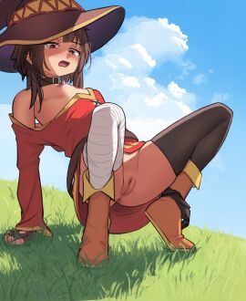 absurdres anus anus_peek arm_support bandaged_leg bandages belt belt_collar black_gloves black_panties black_thighhighs blue_sky blush boots breasts brown_belt brown_hair censored cleft_of_venus cloud cloudy_sky collar day dress female fingerless_gloves gloves grass half-closed_eyes hat highres kono_subarashii_sekai_ni_shukufuku_wo! long_sleeves looking_at_self looking_down madaotheory megumin mosaic_censoring nipples no_bra off_shoulder open_mouth orange_footwear outdoors panties panties_around_one_leg pussy red_dress red_eyes short_hair_with_long_locks single_thighhigh sky small_breasts solo squatting thighhighs tiptoes underwear vhfd witch_hat