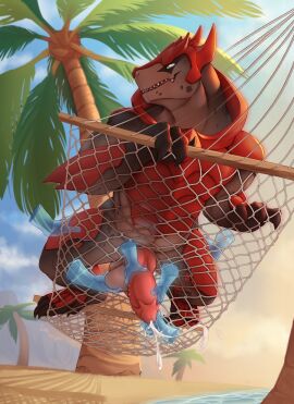 4_balls alien anthro balls beach bioware bodily_fluids claws cum cumshot disembodied_hand ejaculation electronic_arts erection gay genital_fluids genitals ghost_hands hammock handjob hi_res horn kelniferion knot krogan lying male male_only mass_effect multi_balls multi_genitalia naki_(red13nanaki) on_front outside palm_tree penile penis plant red_body sex sharp_teeth sky solo sunset teeth tree