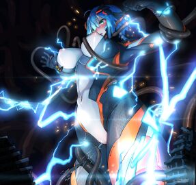 absurdres blue_hair blush bodysuit breasts cable colossus_(natsukaze_shigure) covered_navel covered_nipples electricity electrocution female female_ejaculation giant giantess glowing green_eyes headgear hexagon_print highres impossible_bodysuit impossible_clothes large_breasts magical_girl natsukaze_shigure open_mouth original peril pussy_juice restrained science_fiction short_hair skin_tight solo tentacle