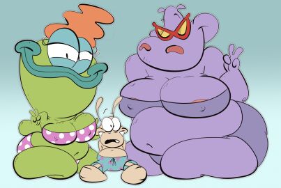 1boy 2girls anthro areolae areolae_slip ass bbw beverly_bighead big_ass big_breasts bikini breasts cheating_wife erect_nipples female gladys_hippo hippopotamus_humanoid huge_ass jodero larger_female male married_female nickelodeon nipples nipples_visible_through_clothing paramount_pictures peace_sign purple_skin pussy rocko's_modern_life rocko_rama size_difference smaller_male smiling swimsuit swimwear thick_thighs