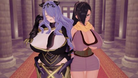 2girls 3d arisat ass bare_thighs black_sclera breasts brown_eyes brown_hair camilla_(fire_emblem) carpet cleavage closed_eyes eastern_and_western_character female female_only fire_emblem fire_emblem_fates gloves hair_over_one_eye hourglass_figure huge_breasts indoors inner_thighs kagero_(fire_emblem) large_ass long_hair looking_at_viewer multiple_females multiple_girls nintendo panties pelvic_curtain pillar ponytail purple_hair scarf smile thighs underboob underwear wide_hips