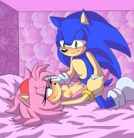 amy_rose angelofhapiness areola bed blue_fur blush bracelet breasts clitoris clothing duo erection eye_contact eyelashes female fur gloves green_eyes hairband half-closed_eyes hand_holding hand_on_face happy happy_sex hedgehog inside jewelry legwear lying male mammal missionary_position mostly_nude nipples on_back on_bed one_eye_closed penetration pink_fur pussy pussy_juice quills romantic_couple sex smile socks sonic_(series) sonic_the_hedgehog spread_legs spreading straight vaginal_penetration
