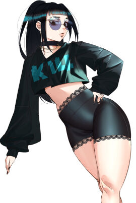 1girls 2024 2d 2d_(artwork) assassin baggy_clothes bangs black_choker black_hair black_nails black_shorts blunt_bangs breasts choker clothed clothed_female clothing crop_top earrings eyeshadow female female_only gothic hand_on_hip human human_only jacket jewelry jobin_chan lace_trim light-skinned_female light_skin lips long_hair long_sleeves looking_at_viewer looking_down makeup midriff nail_polish navel necklace original osaragi_(sakamoto_days) ponytail questionable sakamoto_days sfw shirt short_shorts shorts simple_background solo solo_female standing sunglasses thick_thighs thighs tied_hair tinted_eyewear white_background younger_female