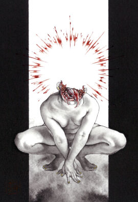 bleeding blood_splatter breasts commentary_request completely_nude facing_viewer female full_body gore guro injury long_tongue meimaro nude original painting_(medium) small_breasts solo squatting teeth tongue tongue_out traditional_media yellow_nails