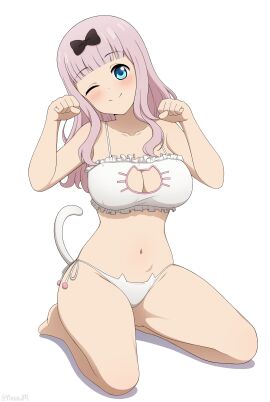 1girls bangs breasts cat_lingerie cat_tail commentary_request cute cute_face english_commentary female female_only fujiwara_chika hair_ribbon hi_res highres kaguya-sama_wa_kokurasetai_~tensai-tachi_no_renai_zunousen~ light-skinned_female light_skin long-haired_female long_hair looking_at_viewer medium_breasts mixed-language_commentary pink-haired_female pink_hair solo solo_female thighs very_high_resolution yisusjpl
