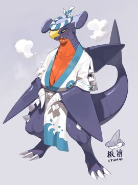 2025 3_toes anthro asian_clothing big_breasts black_sclera blush breasts claws cleavage clothed clothed_anthro clothed_female clothing countershade_torso countershading digital_media_(artwork) east_asian_clothing feet female front_view garchomp generation_4_pokemon hi_res japanese_clothing kame_3 kimono looking_at_viewer nintendo open_mouth pokemon pokemon_(species) purple_body purple_tail simple_background solo standing tail teeth toe_claws toes tongue yellow_eyes