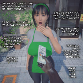 2025 apron asian big_breasts black_hair breasts camera clothed dark-skinned_male dark_skin earrings female femsub hairband interracial male maledom money original_character shocked_expression tagme tsuyosakuroi