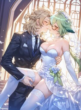 1boy absurd_res ahoge ai_generated albedo_(genshin_impact) alternate_costume animal_ears antenna_hair arm_around_waist arm_support backlighting bare_shoulders black_jacket black_necktie black_pants black_suit black_vest blonde_hair blush bow braid breast_pocket breast_press breasts bridal_gauntlets bridal_veil bride brown-framed_eyewear brown_eyes brown_hair buttons carrying cat_ears cat_girl choker church cleavage closed_eyes closed_mouth collarbone collared_shirt couple cowboy_shot dancing day dog_ears dress dress_lift dutch_angle elbow_gloves face-to-face facing_another falling_petals female flower flower_choker formal french_braid frilled_dress frills garter_straps genshin_impact glasses gloves green_hair groom hair_between_eyes hair_flower hair_ornament half-closed_eyes half_updo hand_on_another's_back hand_on_another's_hip hand_on_another's_leg hand_on_another's_thigh hand_on_another's_waist heart imminent_kiss indoors jacket jewelry knee_up lace-trimmed_choker lace_choker lace_trim lapels large_breasts leg_lift leg_up light_brown_hair light_particles long_hair long_sleeves looking_at_another looking_at_viewer low_ponytail medium_breasts medium_hair ministro multicolored_hair necktie open_mouth orange_eyes panties pants panty_peek pantyshot parted_lips petals pocket ponytail princess_carry rose semi-rimless_eyewear shirt short_dress short_hair short_ponytail sidelocks single_braid skindentation smile stairs standing straight strapless strapless_dress streaked_hair sucrose_(genshin_impact) suit suit_jacket sunlight thigh_grab thighhighs thighs tuxedo under-rim_eyewear underwear veil very_long_hair vest wedding wedding_dress white_choker white_dress white_flower white_gloves white_panties white_rose white_shirt white_thighhighs white_veil window yellow_eyes