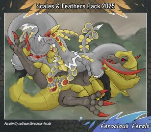 2025 absurd_res animal_genitalia blush blush_lines claws cloaca disc duo eyelashes feet female female/female feral feral_on_bottom feral_on_feral feral_on_top ferocious_ferals foot_focus generation_5_pokemon generation_7_pokemon genital_slit genitals gold_body gold_scales grey_body grey_scales haxorus hi_res kommo-o lying nature nature_background nintendo on_back plant pokemon pokemon_(species) presenting presenting_cloaca raised_tail rear_view red_claws red_eyes scale_plates scales shrub signature spread_cloaca spread_legs spread_slit spreading tail touching_leg weapon_tail