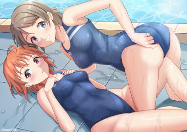 2girls absurd_res absurdres ahoge antenna_hair arm_support armpits ass belly belly_button bikini blue_bikini blue_one-piece_swimsuit blue_swimsuit blue_swimwear blush blush_lines blushing_at_viewer blushing_female breasts collarbone dot_nose dripping_wet elbows embarrassed embarrassed_female female female_focus female_only fingers grin groin hair_between_eyes hand_on_ass hand_on_butt hand_on_chest hand_on_own_ass hand_on_own_butt hand_on_own_chest high_resolution highres knees lean_figure legs lesbian_focus lesbian_only light-skinned_female light_skin long_hair looking_at_viewer looking_back looking_up looking_up_at_viewer love_live! love_live!_sunshine!! medium_breasts medium_hair multiple_females multiple_girls narrow_waist navel one-piece_swimsuit parted_lips pool poolside short_hair shoulders sideboob slender_body slender_waist slim_female slim_waist smile smiley_face smiling smiling_at_viewer smirk soaked swimsuit swimwear takami_chika thick_ass thick_thighs thighs thin_waist tsuruyama_(tenten) underboob upper_body watanabe_you wet wet_ass wet_belly wet_bikini wet_body wet_breasts wet_butt wet_face wet_legs wet_skin wet_thighs wide_hips yuri