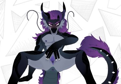 andromorph anonymous_artist anthro anus bodily_fluids claws dragon eastern_dragon front_view genital_fluids genitals intersex labia looking_at_viewer maned_dragon mythological_creature mythological_scalie mythology scalie smile smiling_at_viewer smirk smirking_at_viewer solo spread_vulva spreading vagina vulva watersports zynko_(missourikansastexas)