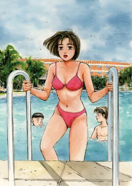 2boys armpits bare_legs bare_shoulders belly bikini bob_cut bra breasts brown_eyes brown_hair cleavage ecchi_san female highres initial_d male medium_breasts midriff multiple_boys multiple_males natsuki_mogi navel official_art panties pink_bikini pool poolside shigeno_shuichi short_hair solo swimming swimsuit takeuchi_itsuki takumi_fujiwara underwear