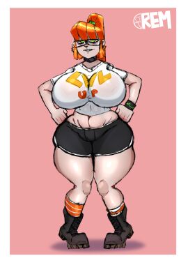 2d 2d_(artwork) big_breasts bracers braces breasts breasts_bigger_than_head earrings eye_bags fat_pussy female freckles freckles_on_face freckles_on_tights gamer_girl ginger ginger_hair glasses green_eyes nerd nerdy nerdy_female original pussy remiman shorts solo_female thick_thighs wide_hips