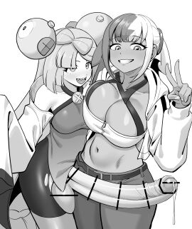 1futa 1girl1futa 1girls big_penis black_and_white canari_(pokemon) canary_(pokemon) censored dark-skinned_female dark_skin female futa_on_female futanari iono_(pokemon) jacket large_breasts light-skinned_futa light_skin long_hair looking_at_penis monochrome multicolored_hair nanjamo_(pokemon) penis pokemon pokemon_legends:_z-a pokemon_sv ripped_clothes ripped_clothing ripped_stockings short_hair tekkin_papa text