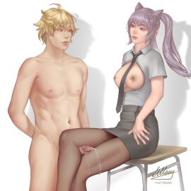 1boy 1girls aether_(genshin_impact) areolae between_thighs black_legwear black_tights boob_drop breasts clothed_female clothed_female_nude_male cum cum_on_leg cum_on_legs ejaculation female female_domination fetish genshin_impact grinding human ivan_moon keqing_(genshin_impact) male male/female no_penetration nude nude_male penis rubbing sitting thigh_sex thigh_sex_over_clothes tight_clothes tights