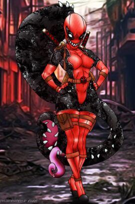 deadpool female ladydeadpool mainnm-e marvel marvel_comics muscles muscular muscular_female oc safe sfw superhero supersuit swords symbiote toned venom