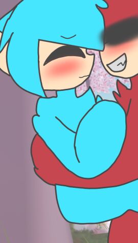 akizu_tubby background cherry_blossom cherry_blossoms closed_eyes gay light_blue_body light_blue_fur light_blue_hair light_blue_legs male nakamura_akizu red_body red_fur red_hair red_legs red_skin sanada_yukimura slendytubbies slendytubbies_oc smile teeth yaoi yukimura_tubby