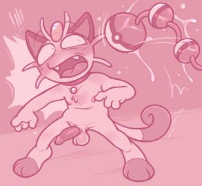 2023 3_toes 4_fingers abstract_background aipeco18 anal_beads anthro anthro_only anthrofied areola balls biped blush bodily_fluids collar collar_tag curled_tail digital_media_(artwork) erection fangs feet felid feline fingers funny fur generation_1_pokemon genitals hi_res humor male male_only mammal meowth nintendo nipples nude open_mouth penis pokeball pokemon pokemon_(species) pokemorph red_collar scared sex_toy sharp_teeth simple_background solo tail teeth toes toony