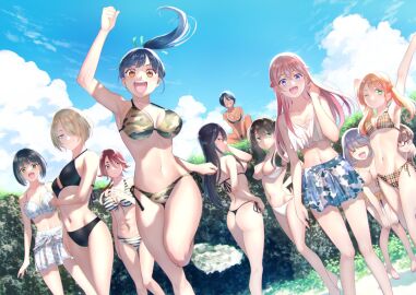 6+girls arms_up ass azuma_valentina bent_over big_breasts bikini bikini_skirt black_bikini black_hair blonde_hair blue_eyes blue_hair breasts camouflage camouflage_bikini chiyoda_ririka cleavage closed_mouth dark_blue_hair day female glasses green_eyes horizontal-striped_bikini hououji_akane kariyazaki_rei large_breasts long_hair looking_at_viewer looking_back makuzawa_ouka megami_no_kafeterasu multiple_females multiple_girls navel official_art one_eye_closed ono_shiragiku open_mouth orange_hair outdoors plaid_bikini plaid_clothes ponytail print_bikini purple_eyes red_eyes red_hair seo_kouji short_hair sky souya_moemi squatting standing standing_on_one_leg string_bikini swimsuit takasaki_mao thighs tsukishima_riho tsuruga_ami twintails white_bikini yellow_bikini yellow_eyes yoshino_hekiru