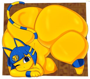 1girls 2024 animal_crossing animal_humanoid ankha ankha_(animal_crossing) anklet ass bending_over big_ass blue_eyes blue_hair bottom_heavy breasts cat_ears cat_humanoid cat_tail dannyiac digital_media_(artwork) feline female female_focus female_only huge_ass hyper_ass jack-o_pose looking_at_viewer nairu_(doubutsu_no_mori) nipples one_eye_closed solo solo_female yellow_body yellow_nipples