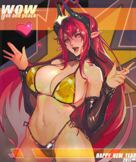 bikini borrowed_character breasts cleavage crosshair_pupils daemon_girl demon demon_girl demon_horns detached_sleeves earrings female highleg highleg_bikini highres horns huge_breasts jewelry long_hair looking_at_viewer navel open_mouth original_character pointy_ears red_eyes red_hair sinia smjim1986 solo standing succubus swimsuit