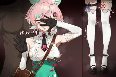 1boy 1girls 2koma black_gloves blue_condom blush breast_grab breasts character_request clothed_female_nude_male condom cuckold_pov dark-skinned_male dark_skin female gloves green_condom green_hair hair_ornament huge_breasts interracial light-skinned_female light_skin male mentha pink_hair qos qos_tattoo queen_of_spades red_condom sideboob spade_tattoo sweat talking_to_cuckold tattoo two-tone_hair virtual_youtuber