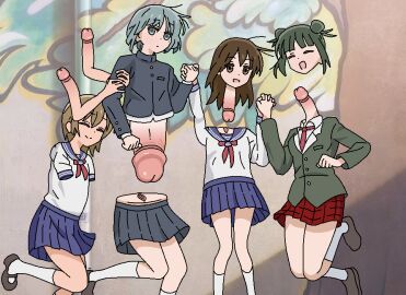 4girls body_horror diphallism holding_hands huge_cock hyper_penis intersex jbxpist jumping mito_kumi_(borusen) monophallia more_at_source original_character original_characters parody penis penis_arm penis_limb penis_lower_body penis_neck pussy pussy_juice pussy_neck uncensored unusual_anatomy unusual_genitalia_placement unusual_penis_placement unusual_pussy_placement what