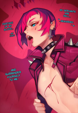 1boy blue_eyes collar earrings femboy jacket male penis qt0ri red_hair red_thong short_hair sin_(qt0ri) small_penis solo thong tight_clothing tongue tongue_out vampire wound