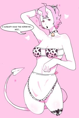 cow_print cow_print_bikini demon oc original_character pink_eyes pink_hair succubus succubus_horns succubus_tail the_pink_succubus vinny_bonnet white_body