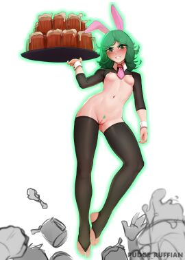 1girls absurdres alcohol animal_ears beer beer_mug black_dress blush breasts cup curly_hair dress fake_animal_ears feet female female_pubic_hair female_torso flipped_hair floating from_below green_eyes green_hair highres legs long_sleeves looking_at_viewer meme_attire mug nipples no_shoes one-punch_man pubic_hair pudgeruffian pussy rabbit_ears reverse_bunnysuit reverse_outfit small_breasts solo_focus stirrup_legwear tatsumaki teeth thighhighs toeless_legwear toes tray uncensored