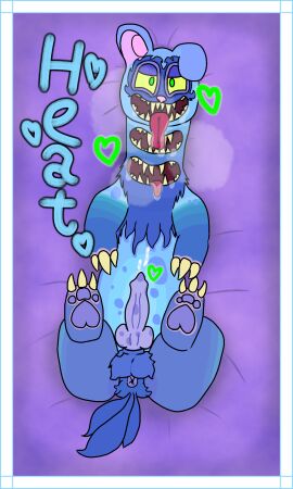 3_mouths anus artist_request balls bed big_blue_bubble blarret_(my_singing_monsters) blue_body blue_fur bodily_fluids breath claws cum domestic_ferret drooling ethereal_monster feral fur furniture genital_fluids genitals heart_symbol hi_res high-angle_view jestholly knot looking_at_viewer lying male mammal multi_mouth mustelid musteline my_singing_monsters on_back on_bed pawpads penis saliva sharp_teeth solo solo_focus teeth toe_claws tongue tongue_out true_musteline weasel