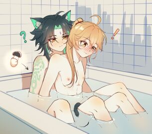2boys aether_(genshin_impact) bath bathing bathing_together bathroom blonde_hair blush cat_ears embarrassed femboy gay genshin_impact holding male male_only ponytail tattoo teal_hair xiao_(genshin_impact) yaoi