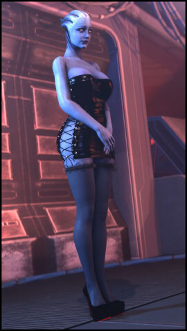 1girls 3d alien alien_girl asari background bare_arms bare_shoulders breasts dress female foab30 high_heels large_breasts liara_t'soni mass_effect minidress no_bra no_panties side-tie_clothing skimpy_dress solo stockings tagme
