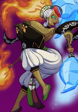 breasts cougar dark-skinned_female dark_skin detached_sleeves female fire_hair gerudo gilf ice_hair large_breasts mature_female nipple_slip nipples ocarina_of_time seductive_smile the_legend_of_zelda tourin17 twinrova twintails two-tone_hair wardrobe_malfunction yellow_eyes