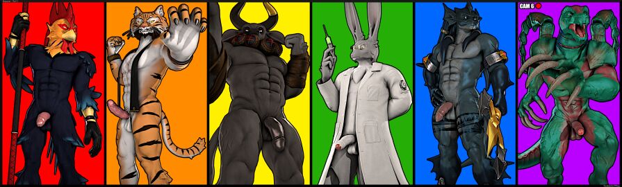 3d 3d_(artwork) 5_fingers abs absurd_res alpha_(petruz) anthro athletic athletic_anthro athletic_male avian balls bird black_body black_feathers blue_body blue_skin bovid bovine camera_view cattle chicken clothing coat daao_(petruz) digital_media_(artwork) erection eyewear feathers felid fingers fur galliform gallus_(genus) genitals glasses gloves grey_body grey_fur group hand_wraps handwear hare hi_res horn humanoid_hands hybrid labcoat lagomorph leporid luzhius_(petruz) male male_only mammal melee_weapon mostly_nude_anthro mostly_nude_male muscular muscular_anthro muscular_male navel necktie nude nude_anthro nude_male orange_body orange_fur pantherine penis phasianid polearm reindeerviking reyfeng_(petruz) source_filmmaker_(artwork) staff steeljaw_(petruz) striped_body striped_fur stripes syringe tiger topwear trident triton weapon wearing_glasses white_body white_fur wraps wristband yellow_body yellow_feathers zang_(petruz)