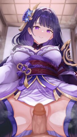 1boy 1girls big_breasts breasts censored clothed_female clothes clothing erect_penis female female/male female_focus female_on_top fit fit_female genshin_impact hair_ornament high_resolution highres hoyoverse imminent_penetration imminent_sex indoors japanese_clothes large_breasts legs_apart light-skinned_female light_skin long_hair looking_at_viewer male male/female male_pov mihoyo mosaic_censoring no_panties paid_reward paid_reward_available penis pov purple_eyes purple_hair raiden_shogun slim_waist smile spread_legs steam straight teeth thighs vision_(genshin_impact) welo