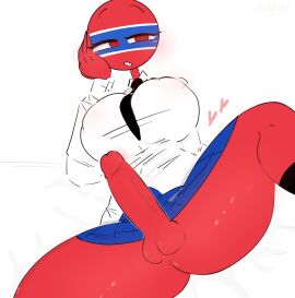 1girls balls big_breasts big_penis blue_skirt breasts countryhumans countryhumans_girl female futanari intersex kak0yt0_chel looking_away penis red_skin small_balls student thai_student_uniform thailand_(countryhumans) tie white_shirt