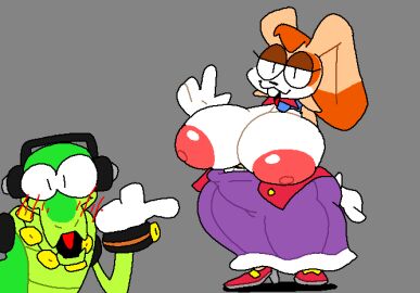 admiring alternate_body_type alternate_breast_size anthro anthro_only big_breasts breasts dress duo female furry huge_breasts milf scalie sonic_(series) superiorfox vanilla_the_rabbit vector_the_crocodile waving