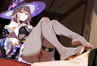 ai_generated armpit_crease armpits ass censored cottonmilk disappointed disappointed_look femdom footjob hat honkai:_star_rail humiliation looking_down_at_partner looking_down_at_viewer pointing precum small_breasts small_penis small_penis_humiliation sph stepped_on stepping_on_penis testicles the_herta_(honkai:_star_rail) thigh_strap thighhighs thighs
