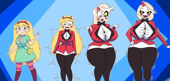 blonde_female blonde_hair breast_expansion breast_growth breast_growth_(enlargement) breasts charlie_morningstar_(hazbin_hotel) crossover demon disney disney_channel disney_xd exocomics female hazbin_hotel identity_death resisting star_butterfly star_vs_the_forces_of_evil tagme transformation white_female