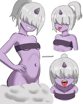 1girls artist_name breasts dazzi_(pal) female female_only horn humanoid no_visible_genitalia pal_(species) palphilia palworld pocketpair ponytail purple_body purple_skin sadxkingart small_breasts smiling_at_viewer solo teeth tongue tongue_out toony white_hair