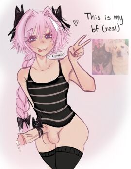 artist_signature astolfo_(fate) femboy femboy_only goonlette male peace_sign pink_hair thighhighs