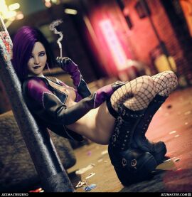 1girls 3d biting_lip biting_own_lip boots breasts cigarette female fishnets goth goth_girl jizzmasterzero lipstick nipples original_character piercings platform_boots purple_hair purple_lipstick small_breasts smoking solo