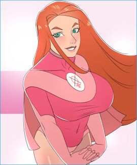 1girls 2024 2d 2d_(artwork) atom_eve big_breasts breasts cape donchibi female female_only ginger green_eyes human human_only invincible invincible_(comics) invincible_(tv_series) leotard long_hair looking_at_viewer metahuman orange_hair pink_outfit sfw smile smiling_at_viewer solo solo_female straight_hair superheroine