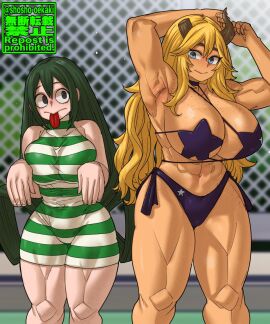 2girls big_breasts bikini blue_eyes breasts cleavage female freckled_skin freckles long_hair looking_at_another my_hero_academia one-piece_swimsuit orange_body original_character public_pool shosho_oekaki size_difference swimsuit thick_thighs tongue tongue_out tsuyu_asui