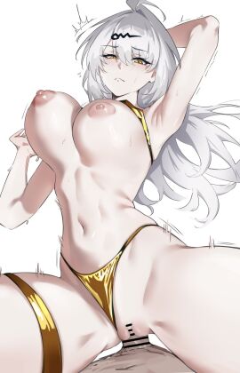 1boy bar_censor bikini bikini_bottom_aside breasts censored clothing_aside ei_(eiei_e1) female gold_bikini grey_hair hair_ornament highres large_breasts long_hair navel nipples sex simple_background solo_focus straight swimsuit vaginal_penetration white_background white_hair yellow_eyes yixuan_(zenless_zone_zero) zenless_zone_zero
